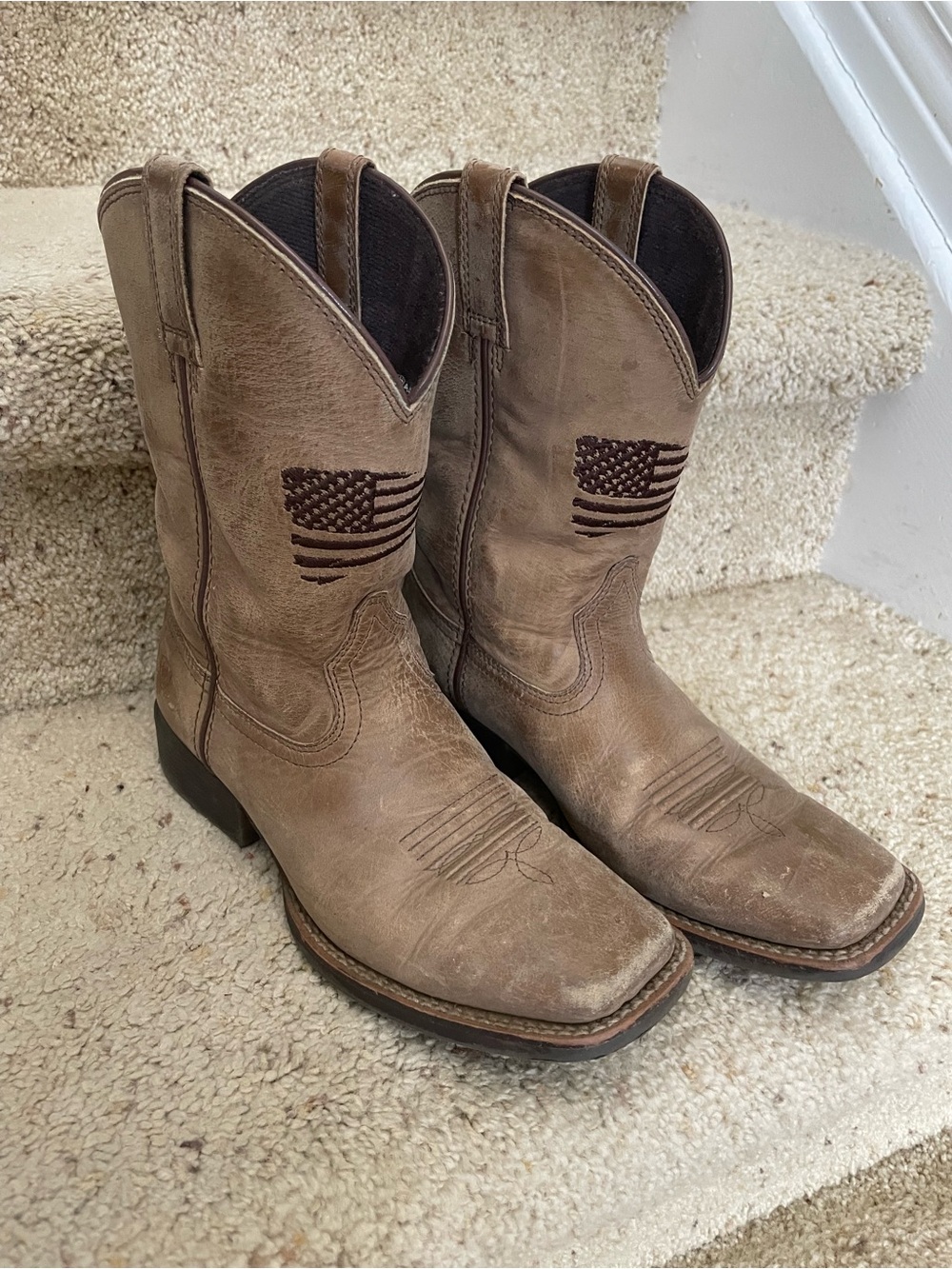 Boy’s Ariat Brown Leather Western Cowboy Boots with Flag Embroidery